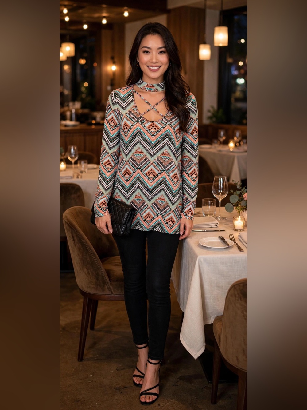 Bobbie Brooks Peach, Teal & Black Geometric Long-Sleeve Top with Choker